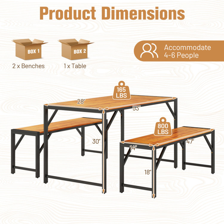 3 Pieces Outdoor Acacia Wood Dining Table Set with Adjustable Footpads and 2 Benches