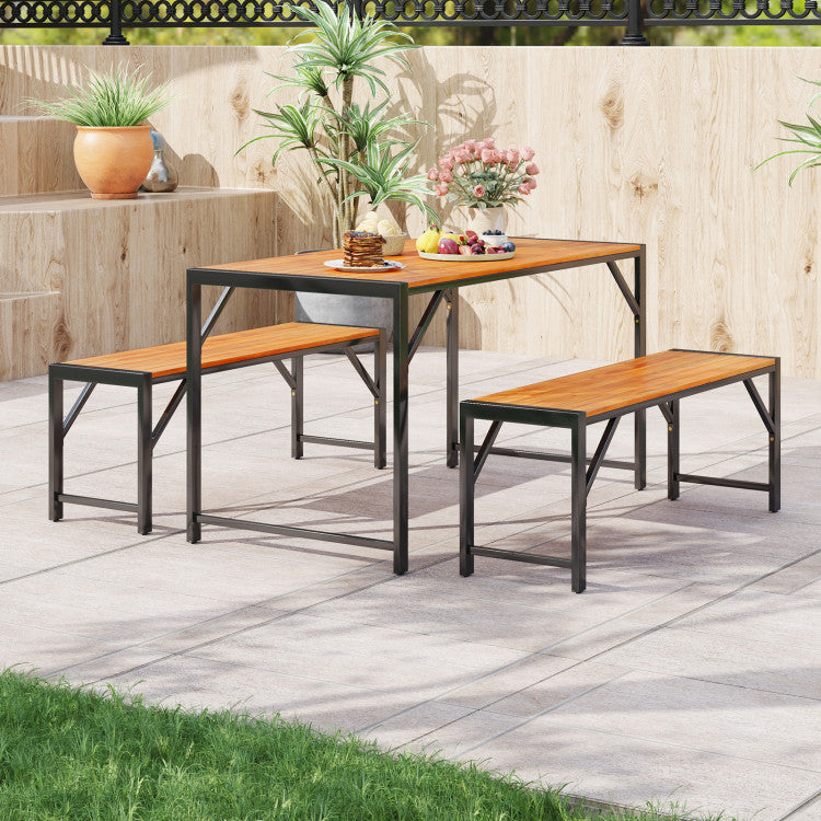 3 Pieces Outdoor Acacia Wood Dining Table Set with Adjustable Footpads and 2 Benches