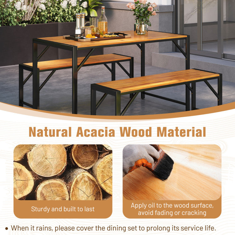 3 Pieces Outdoor Acacia Wood Dining Table Set with Adjustable Footpads and 2 Benches