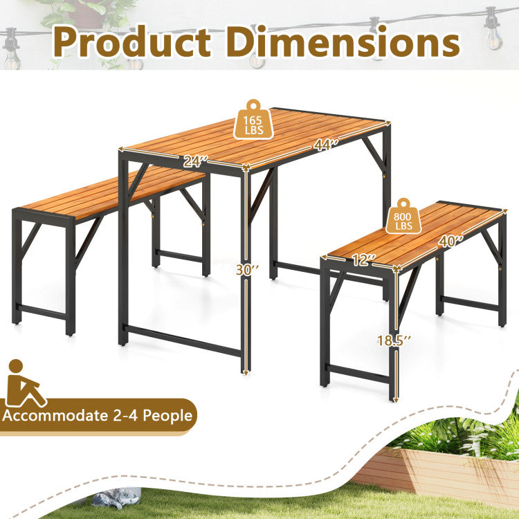 3 Pieces Outdoor Picnic Table Bench Set Patio Acacia Wood Dining Set with Adjustable Footpads