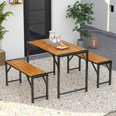 3 Pieces Outdoor Picnic Table Bench Set Patio Acacia Wood Dining Set with Adjustable Footpads