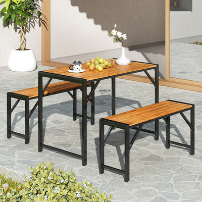 3 Pieces Outdoor Picnic Table Bench Set Patio Acacia Wood Dining Set with Adjustable Footpads