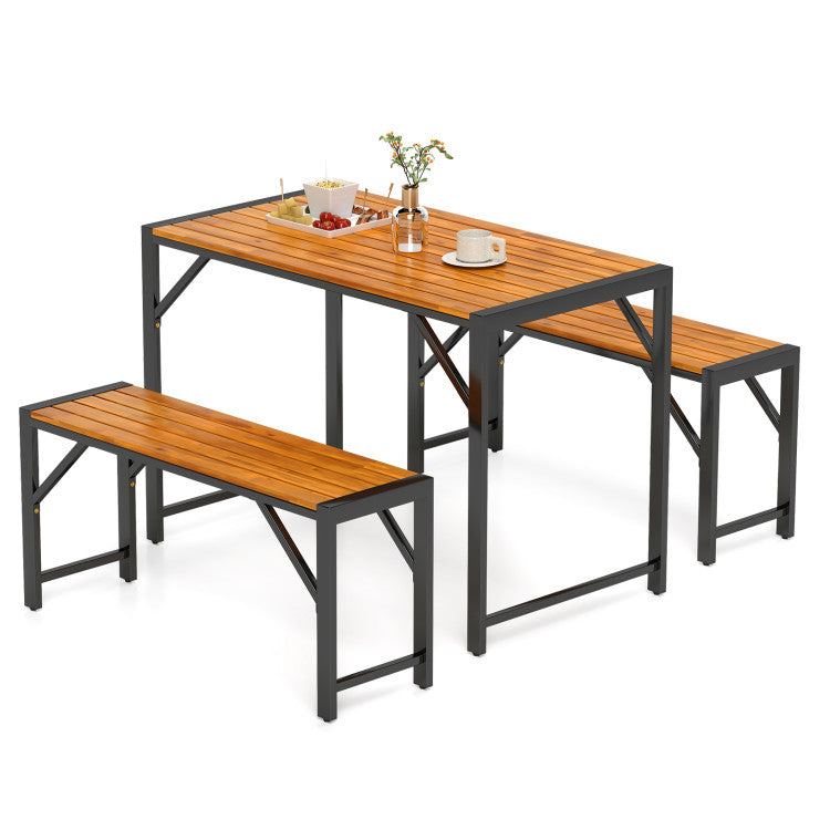 3 Pieces Outdoor Picnic Table Bench Set Patio Acacia Wood Dining Set with Adjustable Footpads