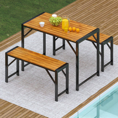 3 Pieces Outdoor Picnic Table Bench Set Patio Acacia Wood Dining Set with Adjustable Footpads