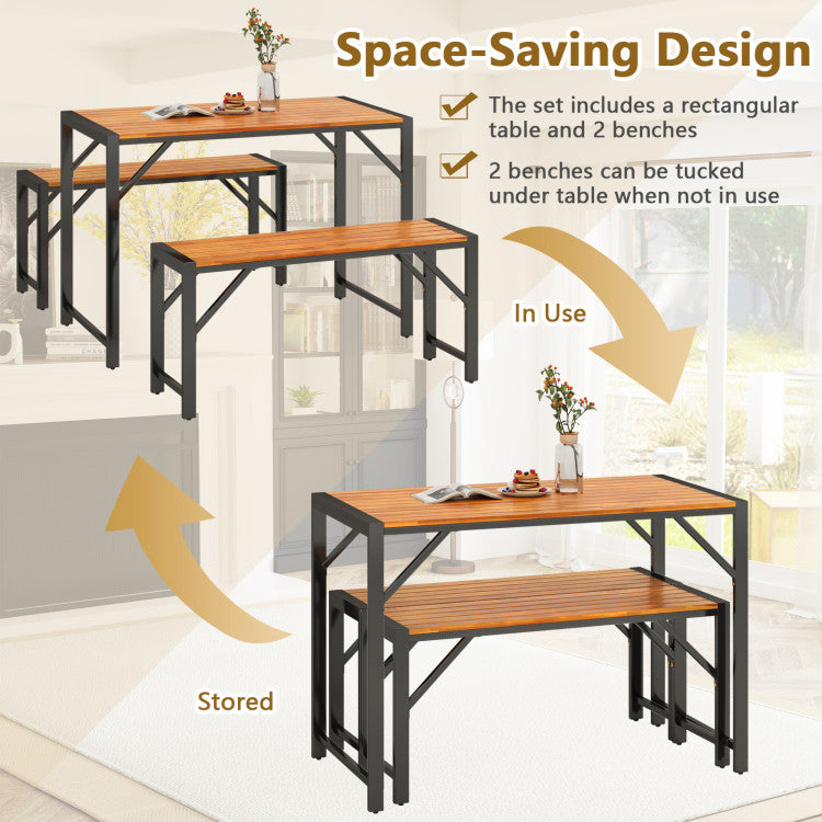 3 Pieces Outdoor Picnic Table Bench Set Patio Acacia Wood Dining Set with Adjustable Footpads