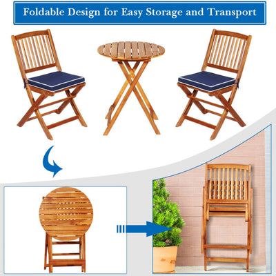 3 Pieces Outdoor Acacia Wood Bistro Set Foldable Patio Chair and Table Set with Removable Cushion