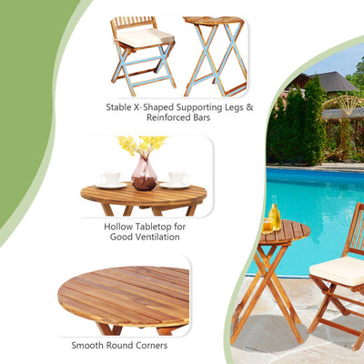 3 Pieces Outdoor Acacia Wood Bistro Set Foldable Patio Chair and Table Set with Removable Cushion