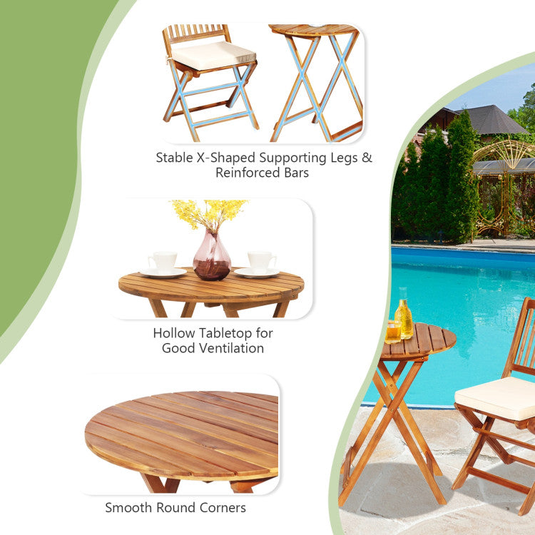 3 Pieces Outdoor Acacia Wood Bistro Set Foldable Patio Chair and Table Set with Removable Cushion