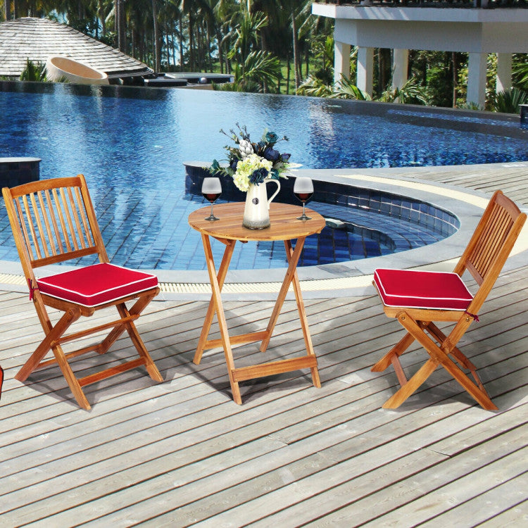 3 Pieces Outdoor Acacia Wood Bistro Set Foldable Patio Chair and Table Set with Removable Cushion