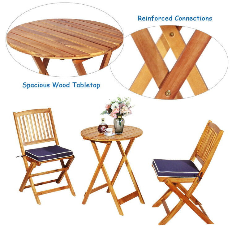 3 Pieces Outdoor Acacia Wood Bistro Set Foldable Patio Chair and Table Set with Removable Cushion