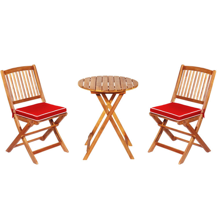 3 Pieces Outdoor Acacia Wood Bistro Set Foldable Patio Chair and Table Set with Removable Cushion