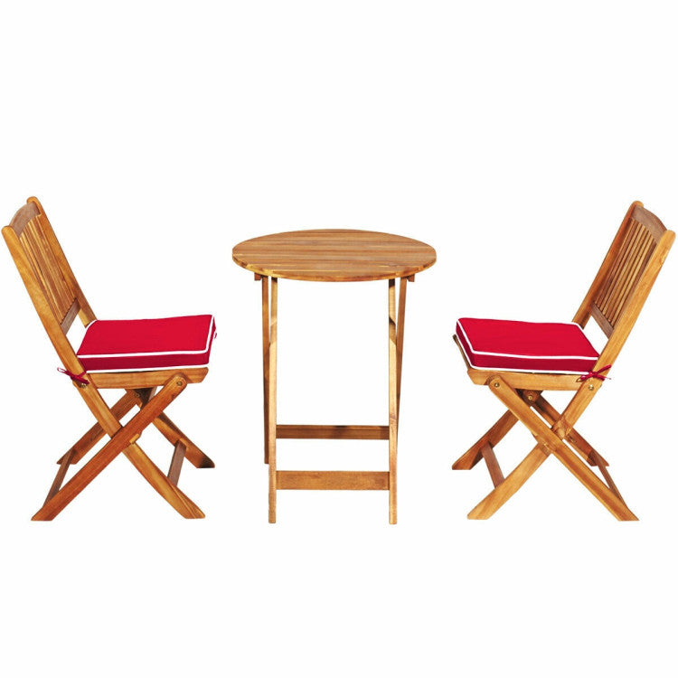 3 Pieces Outdoor Acacia Wood Bistro Set Foldable Patio Chair and Table Set with Removable Cushion