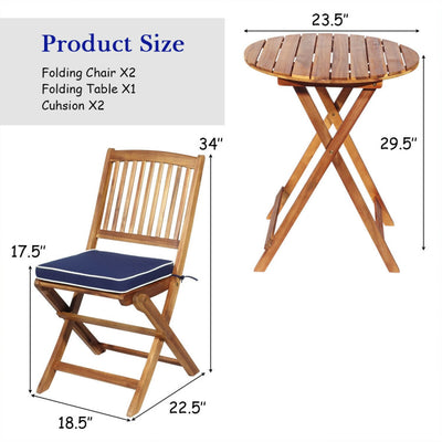 3 Pieces Outdoor Acacia Wood Bistro Set Foldable Patio Chair and Table Set with Removable Cushion