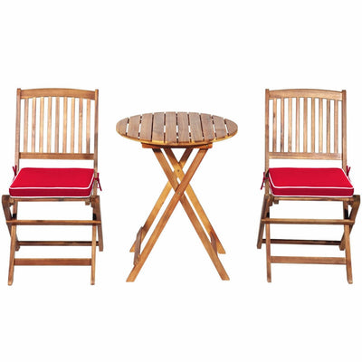 3 Pieces Outdoor Acacia Wood Bistro Set Foldable Patio Chair and Table Set with Removable Cushion