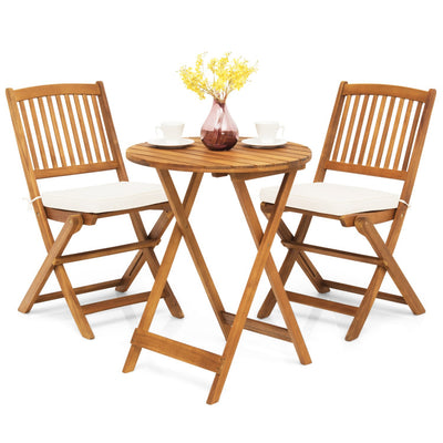 3 Pieces Outdoor Acacia Wood Bistro Set Foldable Patio Chair and Table Set with Removable Cushion