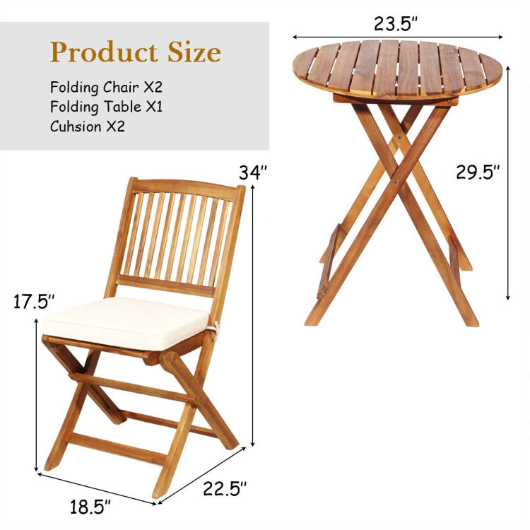 3 Pieces Outdoor Acacia Wood Bistro Set Foldable Patio Chair and Table Set with Removable Cushion