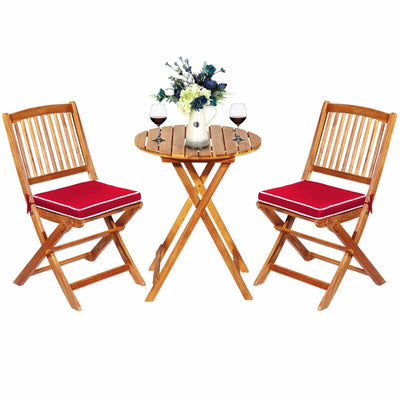 3 Pieces Outdoor Acacia Wood Bistro Set Foldable Patio Chair and Table Set with Removable Cushion