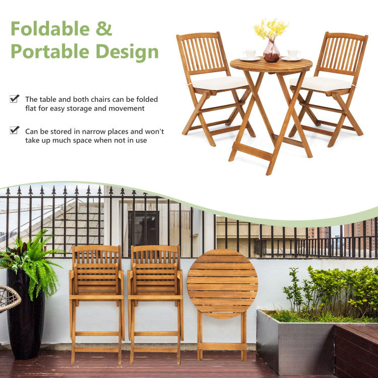 3 Pieces Outdoor Acacia Wood Bistro Set Foldable Patio Chair and Table Set with Removable Cushion