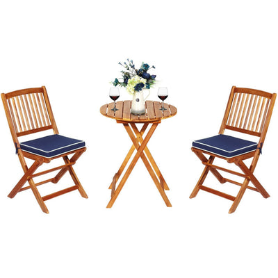 3 Pieces Outdoor Acacia Wood Bistro Set Foldable Patio Chair and Table Set with Removable Cushion