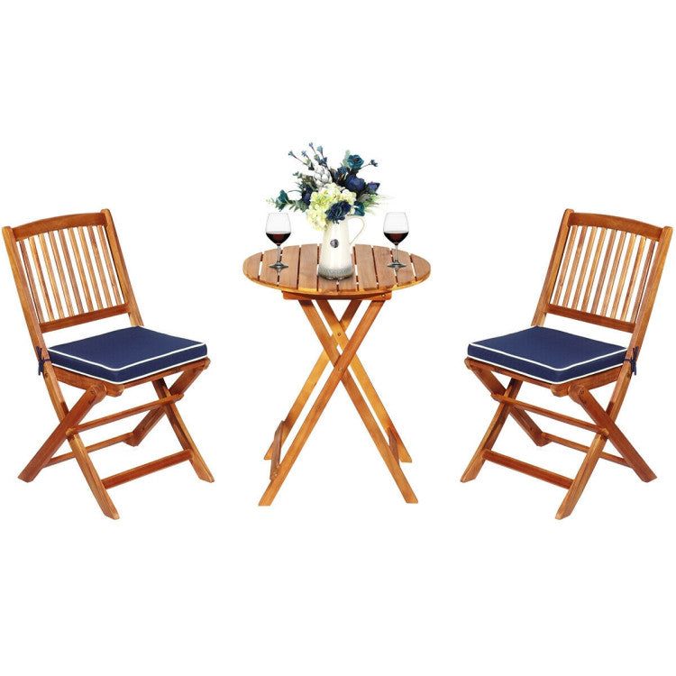 3 Pieces Outdoor Acacia Wood Bistro Set Foldable Patio Chair and Table Set with Removable Cushion