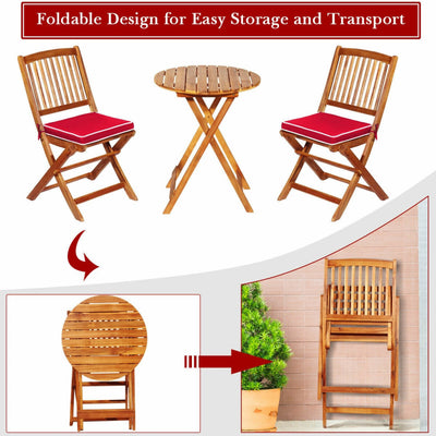 3 Pieces Outdoor Acacia Wood Bistro Set Foldable Patio Chair and Table Set with Removable Cushion