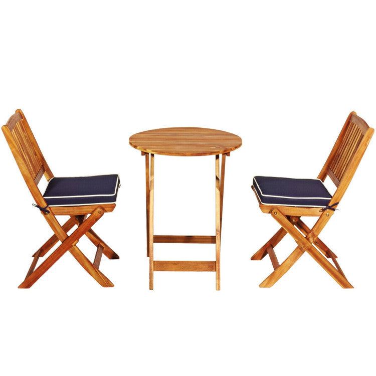 3 Pieces Outdoor Acacia Wood Bistro Set Foldable Patio Chair and Table Set with Removable Cushion