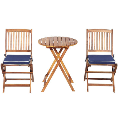 3 Pieces Outdoor Acacia Wood Bistro Set Foldable Patio Chair and Table Set with Removable Cushion