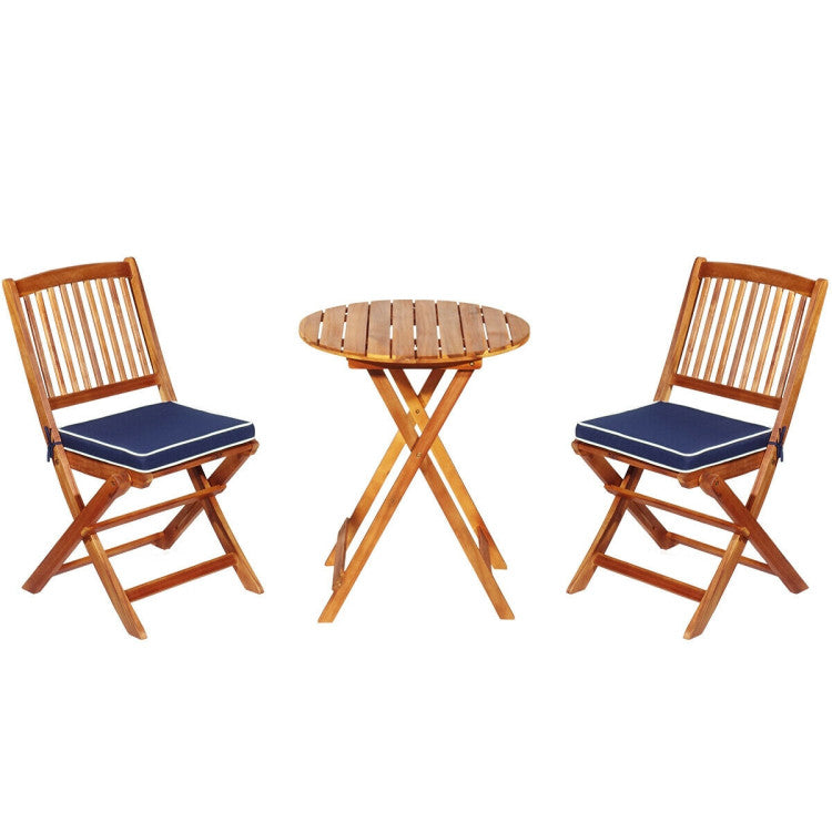 3 Pieces Outdoor Acacia Wood Bistro Set Foldable Patio Chair and Table Set with Removable Cushion