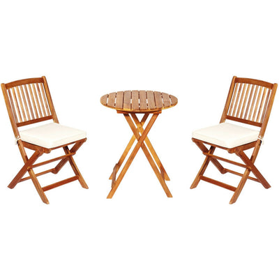 3 Pieces Outdoor Acacia Wood Bistro Set Foldable Patio Chair and Table Set with Removable Cushion