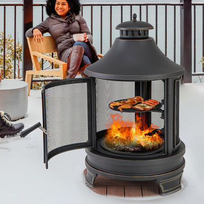 30 Inch Metal Chiminea Fire Pit 2 in 1 Outdoor Wood Burning Fireplace with Adjustable Grill and Chimney for Backyard BBQ