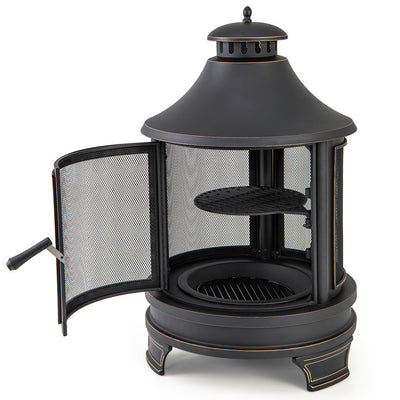 30 Inch Metal Chiminea Fire Pit 2 in 1 Outdoor Wood Burning Fireplace with Adjustable Grill and Chimney for Backyard BBQ