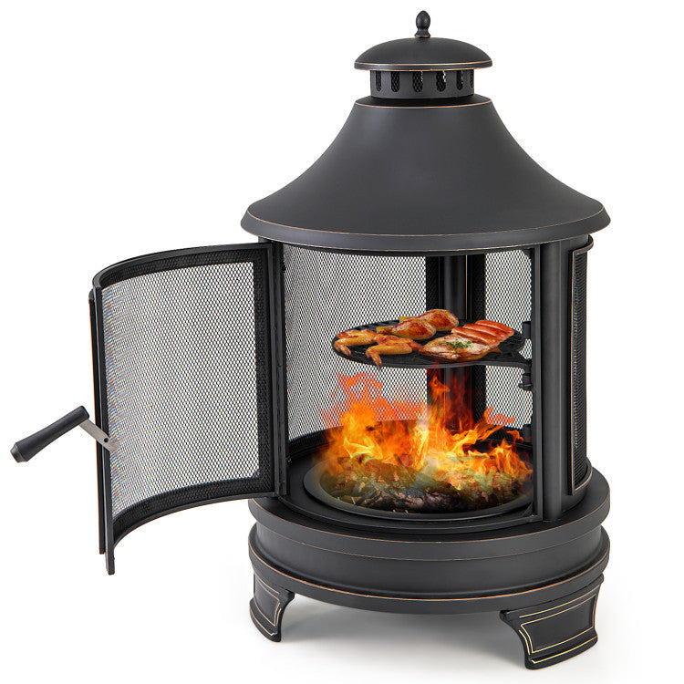 30 Inch Metal Chiminea Fire Pit 2 in 1 Outdoor Wood Burning Fireplace with Adjustable Grill and Chimney for Backyard BBQ