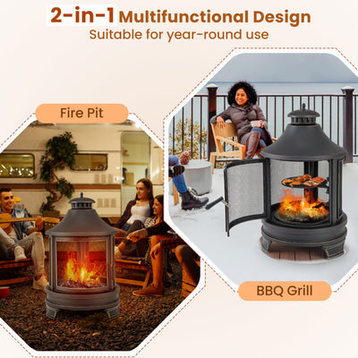 30 Inch Metal Chiminea Fire Pit 2 in 1 Outdoor Wood Burning Fireplace with Adjustable Grill and Chimney for Backyard BBQ