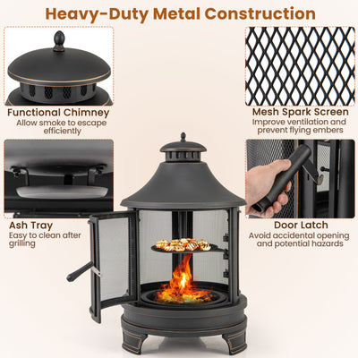 30 Inch Metal Chiminea Fire Pit 2 in 1 Outdoor Wood Burning Fireplace with Adjustable Grill and Chimney for Backyard BBQ