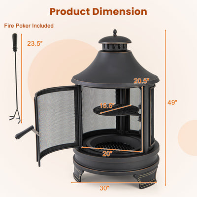 30 Inch Metal Chiminea Fire Pit 2 in 1 Outdoor Wood Burning Fireplace with Adjustable Grill and Chimney for Backyard BBQ