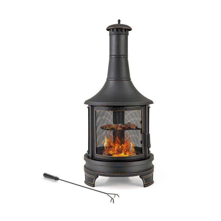 30 Inch Outdoor Wood Burning Chiminea Fire Pit 2-in-1 Patio Metal Fireplace with Adjustable Grill and Fire Poker