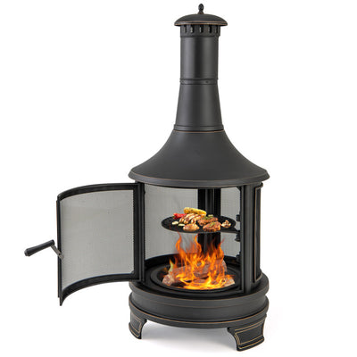 30 Inch Outdoor Wood Burning Chiminea Fire Pit 2-in-1 Patio Metal Fireplace with Adjustable Grill and Fire Poker