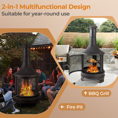 30 Inch Outdoor Wood Burning Chiminea Fire Pit 2-in-1 Patio Metal Fireplace with Adjustable Grill and Fire Poker