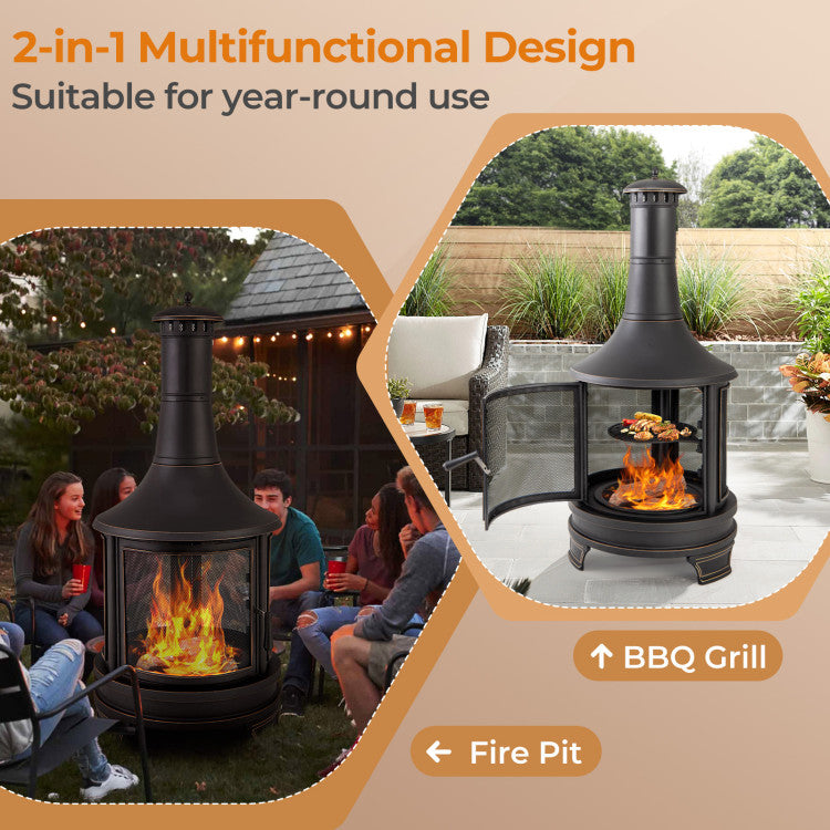 30 Inch Outdoor Wood Burning Chiminea Fire Pit 2-in-1 Patio Metal Fireplace with Adjustable Grill and Fire Poker