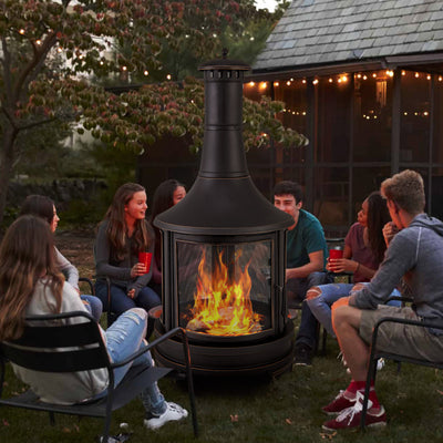 30 Inch Outdoor Wood Burning Chiminea Fire Pit 2-in-1 Patio Metal Fireplace with Adjustable Grill and Fire Poker