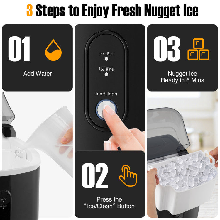 34 lbs/24H Nugget Countertop Ice Maker Portable Stainless Steel Pellet Ice Machine with Self-Cleaning, Ice Basket, Ice Scoop