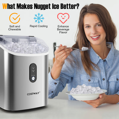 34 lbs/24H Nugget Countertop Ice Maker Portable Stainless Steel Pellet Ice Machine with Self-Cleaning, Ice Basket, Ice Scoop