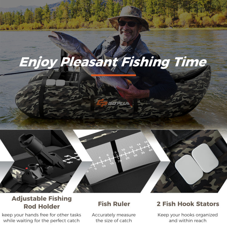 350lbs Inflatable Fishing Float Tube Portable Backpack Belly Boat with Storage Pockets and Fish Ruler