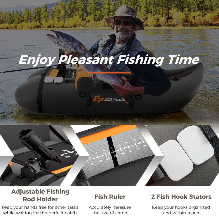 350lbs Inflatable Fishing Float Tube Portable Backpack Belly Boat with Storage Pockets and Fish Ruler