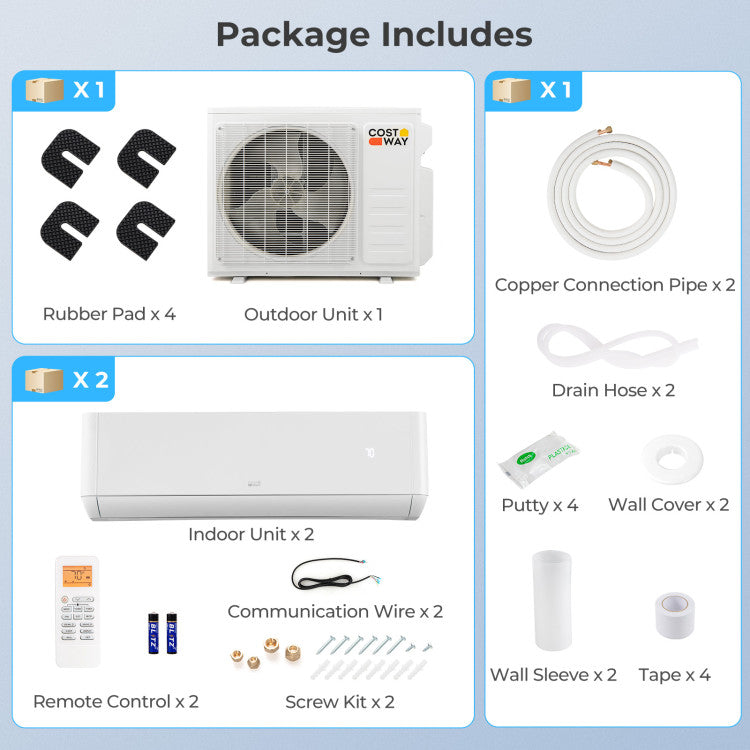 36000 BTU 2 Zone Mini Split Air Conditioner 21.5 SEER2 Wall Mount Ductless Inverter AC Unit with Remote Control and Installation Kit