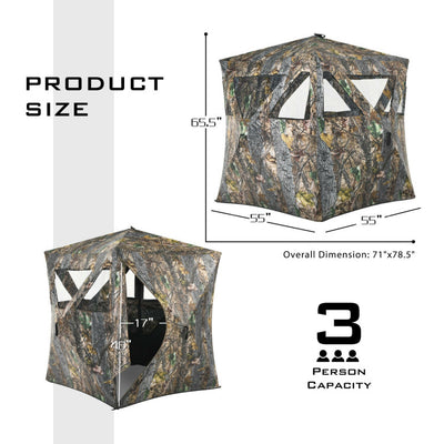 3 Persons Pop-up Camouflage Ground Blind Portable Hunting Tent with Storage Bag and Shooting Hole for Deer Turkey