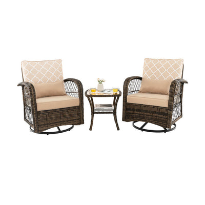 3 Pieces Outdoor Wicker Swivel Rocker Patio Rattan Bistro Conversation Set with Coffee Table and Cushion