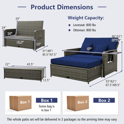 2-in-1 Multifunctional Patio Rattan Daybed Wicker Loveseat Sofa Set with Retractable Side Tray and Adjustable Backrest