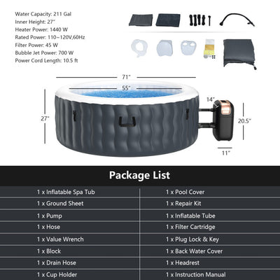 71" x 27" 4 Person Inflatable Hot Tub Spa with 108 Massage Bubble Air Jets and Filter Cartridge