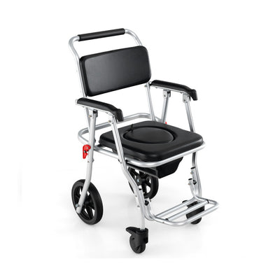 4-in-1 Multi-purpose Bedside Commode Toilet Chair Foldable Aluminum Shower Wheelchair with Footrest and Removable Bucket